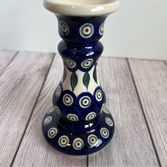 Polish Pottery Peacock Pattern Candle Holder - Picture 3 of 5